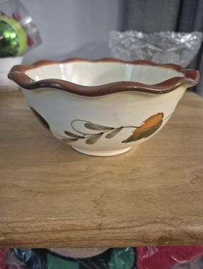 Scalloped Ceramic Serving Bowl in Cream with Brown Rim and Hand-Painted Floral